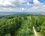 Blick über grüne Wälder und eine Stadt in der Ferne bei bewölktem Himmel.