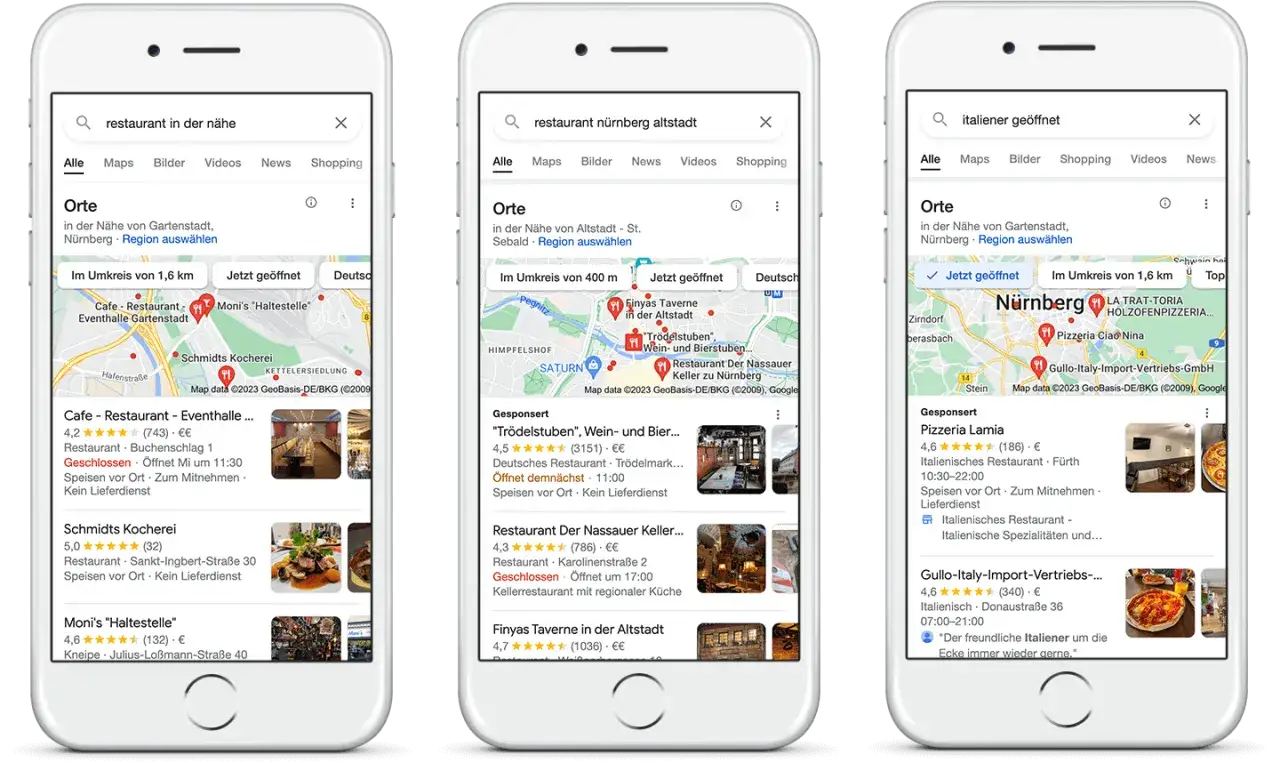 Smartphone mit Google Maps Restaurant Suche